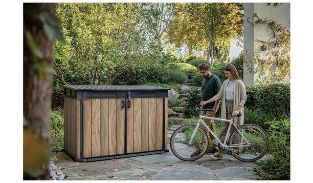 Keter Signature Oak 2020L Horizontal Garden Storage Shed - Durable, Stylish & Secure Outdoor Organization for Garden Tools, Bikes & Wheelie Bins