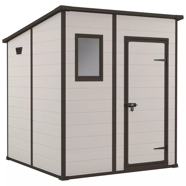 Keter Manor Pent 6x6ft: Durable & Low-Maintenance Outdoor Garden Storage Shed with Window and Lockable Door - Brown