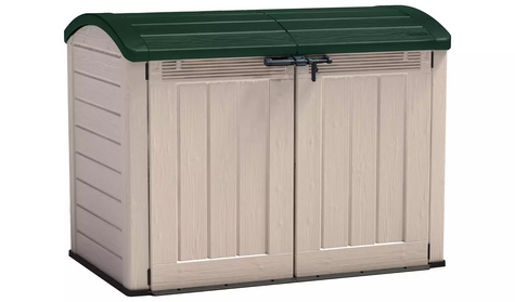 Keter Store It Out Ultra 2000L: Heavy-Duty Outdoor Storage for Bikes, Garden Tools, Wheelie Bins - Beige/Green