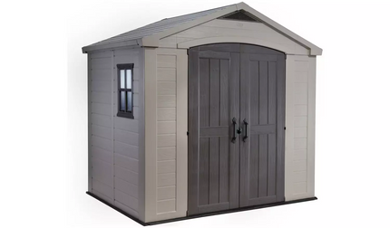 Keter Factor Apex 8x6ft Beige/Brown Resin Garden Storage Shed - Durable, Weatherproof, Double Doors & Window