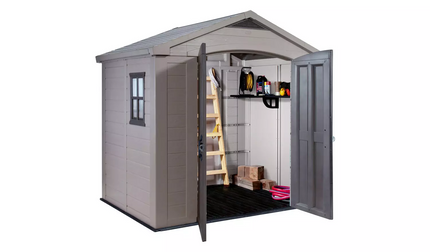 Keter Factor Apex 8x6ft Beige/Brown Resin Garden Storage Shed - Durable, Weatherproof, Double Doors & Window